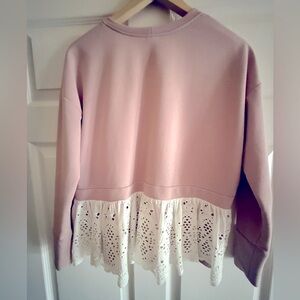 Achers cotton terry crewneck sweater with ruffled eyelet lace trim at the back